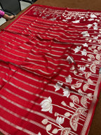 Red Pure Modal Silk Strip Design Open Border Saree