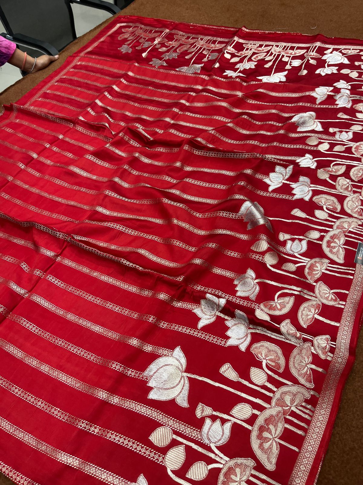 Red Pure Modal Silk Strip Design Open Border Saree