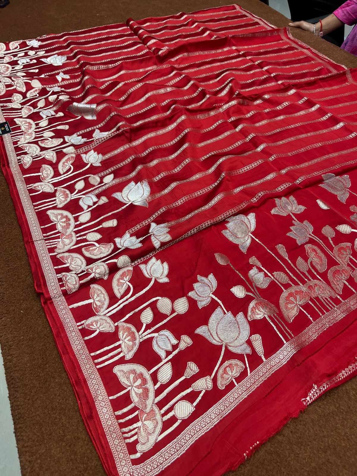 Red Pure Modal Silk Strip Design Open Border Saree