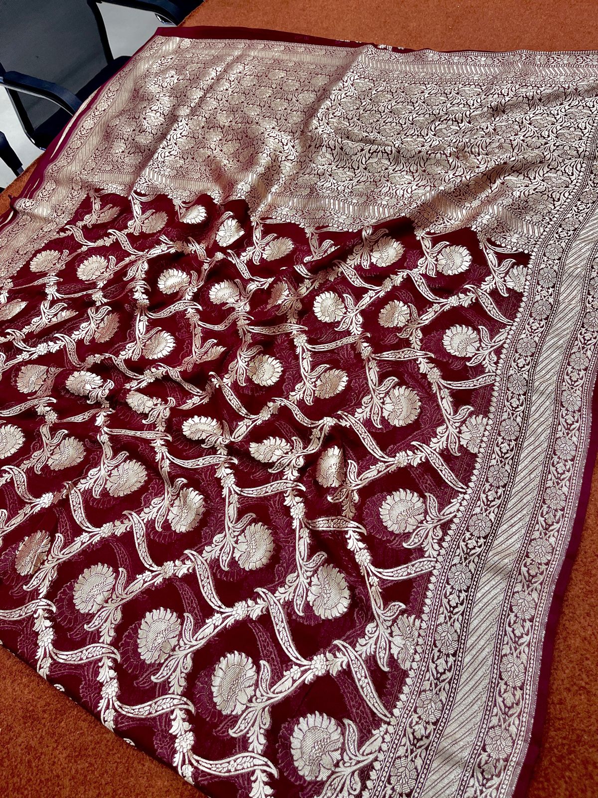 Maroon Pure Georgette Saree Handloom Banarasi Saree