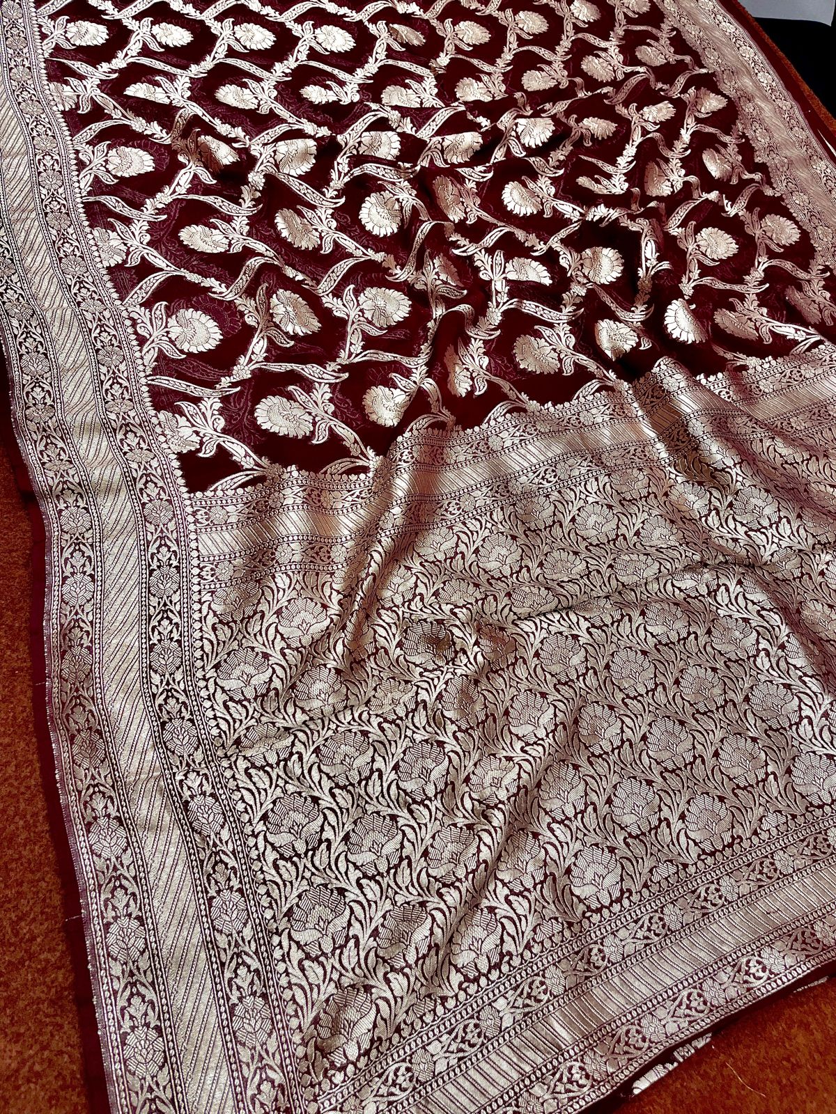 Maroon Pure Georgette Saree Handloom Banarasi Saree